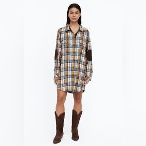 KAVU Plaid Long Shirt Dress XL Flannel Outdoor Western Elbow Patch Tunic Button